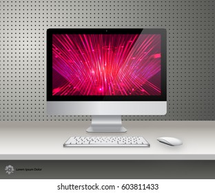 Device Set of Realistic Computer Monitor, Keyboard and Mouse with Technology Shiny Screen Isolated on Metal Background. Can Use for Template Presentation. Gadget Mock Up. Vector Illustration.