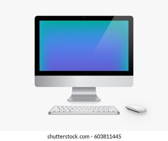 Device Set of Realistic Computer Monitor, Keyboard and Mouse with Blue Screen Isolated on White Background. Can Use for Template Presentation. Gadget Mock Up. Vector Illustration.