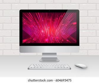 Device Set of Realistic Computer Monitor, Keyboard and Mouse with Technology Screen Isolated on White Brick Background. Can Use for Template Presentation. Gadget Mock Up. Vector Illustration.