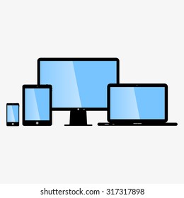 device set that includes TV, tablet, smart phone and laptop with blue screen over white background