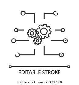 Device settings linear icon. Cogwheels system. Cyberspace. Thin line illustration. Computing. Contour symbol. Vector isolated outline drawing. Editable stroke