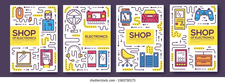 Device store concept. Thin line icons with flat background design. Sale electronic on modern shop. The seller advises the buyer illustration