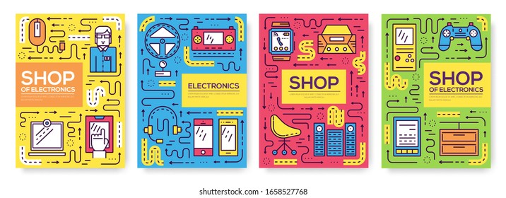 Device store concept. Thin line icons with flat background design. Sale electronic on modern shop. The seller advises the buyer illustration