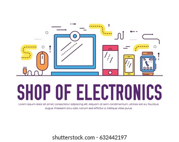 Device store concept. Thin line icons with flat background design. Sale electronic on modern shop. The seller advises the buyer illustration