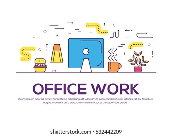 Device store concept. Thin line icons with flat background design set. Sale electronic on modern shop. The seller advises the buyer illustration