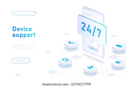 Device support concept. Technical support, answers to customer questions and feedback. Call center and hotline. Landing page design. Smartphone software update. Cartoon isometric vector illustration