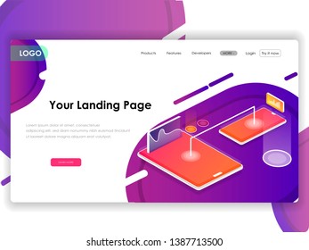 Device Sync concept. Tablet and smartphone on colorful backgrond. Can use for landing page, homepage, banners, websites etc.