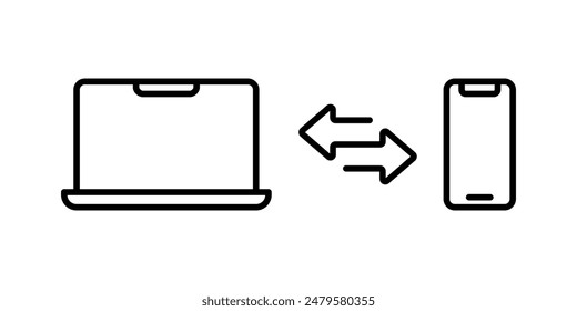 Icono de sincronización de dispositivo. Ilustración vectorial de sincronización de portátiles y teléfonos. Conexión de ordenador y smartphone. Sistema de control remoto. Intercambio inalámbrico de dispositivos. Pictograma de transferencia de red aislado