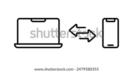 Device sync icon. Laptop and phone synchronization vector illustration. Computer and smartphone connection. Remote control system. Devices wireless exchange. Network transfer pictogram isolated