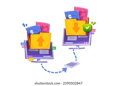 Device synchronization showing data transfer between computers. Cartoon yellow folders with files moving across connected devices. File sharing with green checkmark indicating completed transfer.