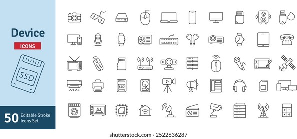 Conjunto de iconos de trazo editables de línea de dispositivo y Tecnología. Dispositivo inteligente, ordenador portátil PC CCTV Smartphone TV Ratón Teclado Colección de almacenamiento Ilustración vectorial.