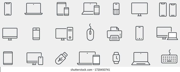 Device and technology line icon set. Electronic devices and gadgets, computer, equipment and electronics. Computer monitor, smartphone, tablet and laptop sumbol collection - stock vector.