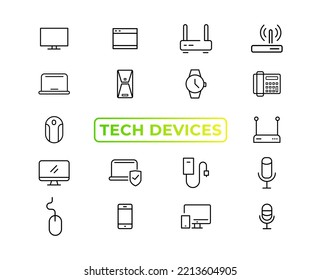 Device and technology line icon set. Electronic devices and gadgets, computer, equipment and electronics. Computer monitor, smartphone, tablet and laptop sumbol collection - stock ...
