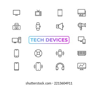 Device and technology line icon set. Electronic devices and gadgets, computer, equipment and electronics. Computer monitor, smartphone, tablet and laptop sumbol collection - stock ...
