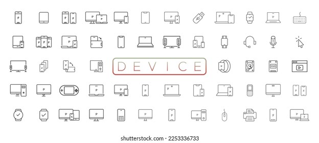 Device and technology line icon set. Electronic devices and gadgets, computer, equipment and electronics. Computer monitor, smartphone, tablet and laptop sumbol collection
