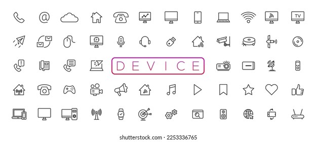 Device and technology line icon set. Electronic devices and gadgets, computer, equipment and electronics. Computer monitor, smartphone, tablet and laptop sumbol collection