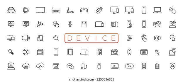 Device and technology line icon set. Electronic devices and gadgets, computer, equipment and electronics. Computer monitor, smartphone, tablet and laptop sumbol collection