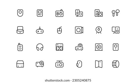 Conjunto de iconos de línea de dispositivo y tecnología. Dispositivos y aparatos electrónicos, ordenadores, equipos y aparatos electrónicos. Monitor de ordenador, smartphone, tableta y colección de sumbol de portátil 

