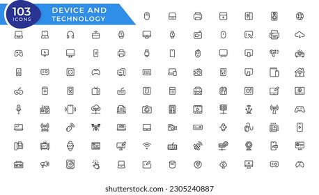 Device and technology line icon set. Electronic devices and gadgets, computer, equipment and electronics. Computer monitor, smartphone, tablet and laptop sumbol collection 
