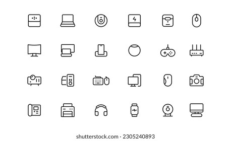 Device and technology line icon set. Electronic devices and gadgets, computer, equipment and electronics. Computer monitor, smartphone, tablet and laptop sumbol collection 
