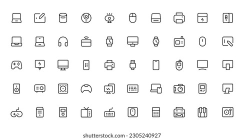 Conjunto de iconos de línea de dispositivo y tecnología. Dispositivos y aparatos electrónicos, ordenadores, equipos y aparatos electrónicos. Monitor de ordenador, smartphone, tableta y colección de sumbol de portátil 
