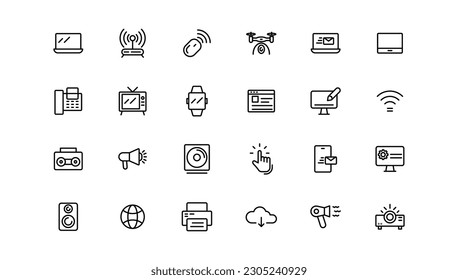 Device and technology line icon set. Electronic devices and gadgets, computer, equipment and electronics. Computer monitor, smartphone, tablet and laptop sumbol collection 

