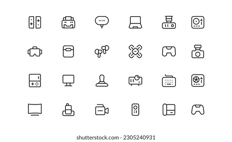 Device and technology line icon set. Electronic devices and gadgets, computer, equipment and electronics. Computer monitor, smartphone, tablet and laptop sumbol collection 
