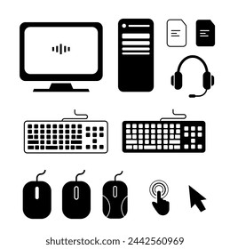 device and technology line icon set. Electronic devices and gadgets, computers, equipment and electronics. Collection of computer monitor, mouse, headset vector symbols