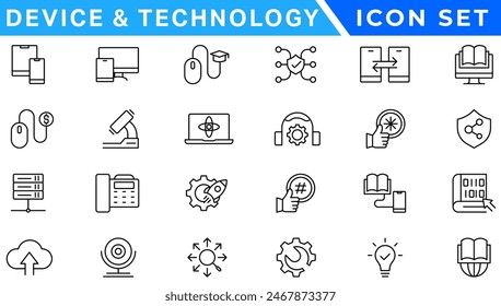 Device and technology line icon set. Electronic devices and gadgets, computer, equipment and electronics. Computer monitor, smartphone, tablet and laptop sumbol collection - stock vecto