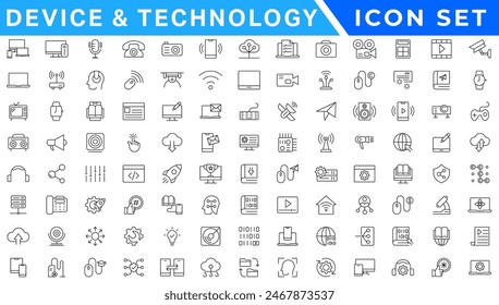 Conjunto de iconos de línea de dispositivo y tecnología. Dispositivos y aparatos Electrónicas, ordenadores, equipos y aparatos electrónicos. Monitor de ordenador, smartphone, tableta y portátil símbolo de colección - vector de stock