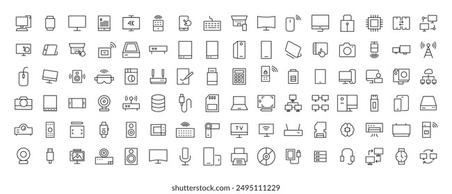 Device and technology line icon set. Electronic devices and gadgets, computer, equipment and electronics. Computer monitor, smartphone, tablet and laptop simple icon collections