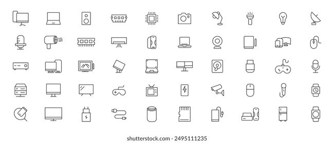 Device and technology line icon set. Electronic devices and gadgets, computer, equipment and electronics. Computer monitor, smartphone, tablet and laptop simple icon collections