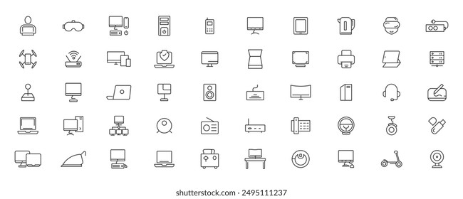 Device and technology line icon set. Electronic devices and gadgets, computer, equipment and electronics. Computer monitor, smartphone, tablet and laptop simple icon collections