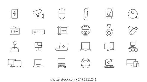 Device and technology line icon set. Electronic devices and gadgets, computer, equipment and electronics. Computer monitor, smartphone, tablet and laptop simple icon collections