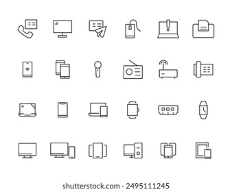Device and technology line icon set. Electronic devices and gadgets, computer, equipment and electronics. Computer monitor, smartphone, tablet and laptop simple icon collections