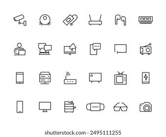 Device and technology line icon set. Electronic devices and gadgets, computer, equipment and electronics. Computer monitor, smartphone, tablet and laptop simple icon collections