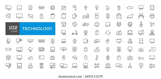 Device and technology line icon set. Electronic devices and gadgets, computer, equipment and electronics. Computer monitor, smartphone, tablet and laptop simple icon collections