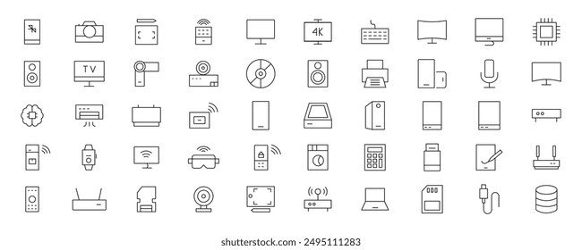 Device and technology line icon set. Electronic devices and gadgets, computer, equipment and electronics. Computer monitor, smartphone, tablet and laptop simple icon collections