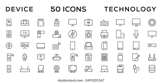 Device and technology line icon set. Electronic devices and gadgets, computer, equipment and electronics. Computer monitor, smartphone, tablet and laptop simple icon collections