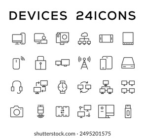 Device and technology line icon set. Electronic devices and gadgets, computer, equipment and electronics. Computer monitor, smartphone, tablet and laptop simple icon collections