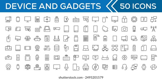 Device and technology line icon set. Electronic devices and gadgets, computer, equipment and electronics. Computer monitor, smartphone, tablet and laptop simple icon collections