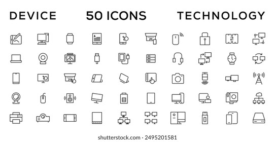 Device and technology line icon set. Electronic devices and gadgets, computer, equipment and electronics. Computer monitor, smartphone, tablet and laptop simple icon collections