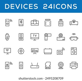 Device and technology line icon set. Electronic devices and gadgets, computer, equipment and electronics. Computer monitor, smartphone, tablet and laptop simple icon collections