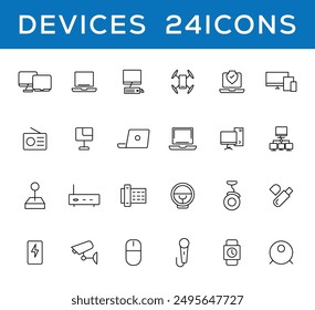 Device and technology line icon set. Electronic devices and gadgets, computer, equipment and electronics. Computer monitor, smartphone, tablet and laptop simple icon collections