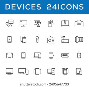 Device and technology line icon set. Electronic devices and gadgets, computer, equipment and electronics. Computer monitor, smartphone, tablet and laptop simple icon collections