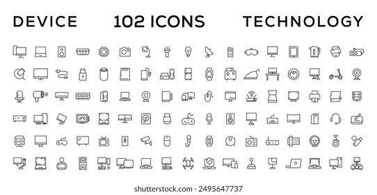 Device and technology line icon set. Electronic devices and gadgets, computer, equipment and electronics. Computer monitor, smartphone, tablet and laptop simple icon collections