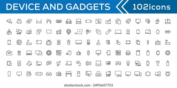 Device and technology line icon set. Electronic devices and gadgets, computer, equipment and electronics. Computer monitor, smartphone, tablet and laptop simple icon collections