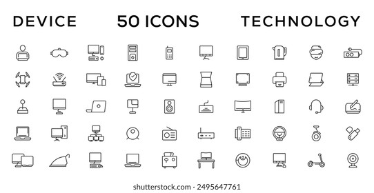 Device and technology line icon set. Electronic devices and gadgets, computer, equipment and electronics. Computer monitor, smartphone, tablet and laptop simple icon collections