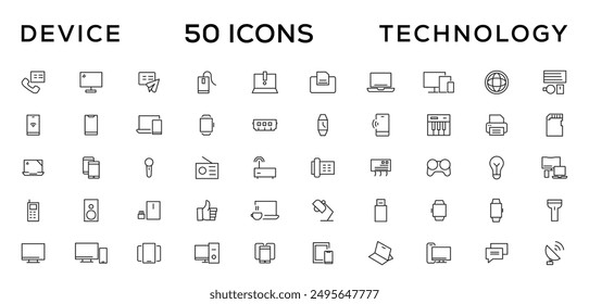 Device and technology line icon set. Electronic devices and gadgets, computer, equipment and electronics. Computer monitor, smartphone, tablet and laptop simple icon collections