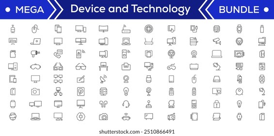 Device and technology line icon set. Electronic devices and gadgets, computer, equipment and electronics. Computer monitor, smartphone, tablet and laptop simple icon collections